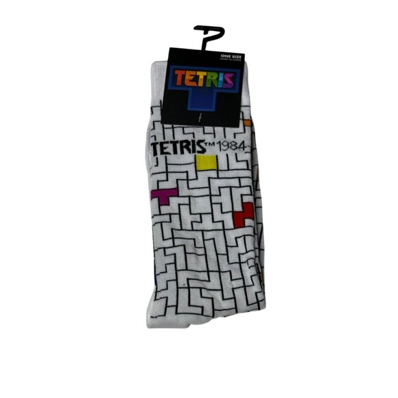 Tetris Game Crew Socks White Geometric Block Pattern 1984 Print NWT - Picture 1 of 2